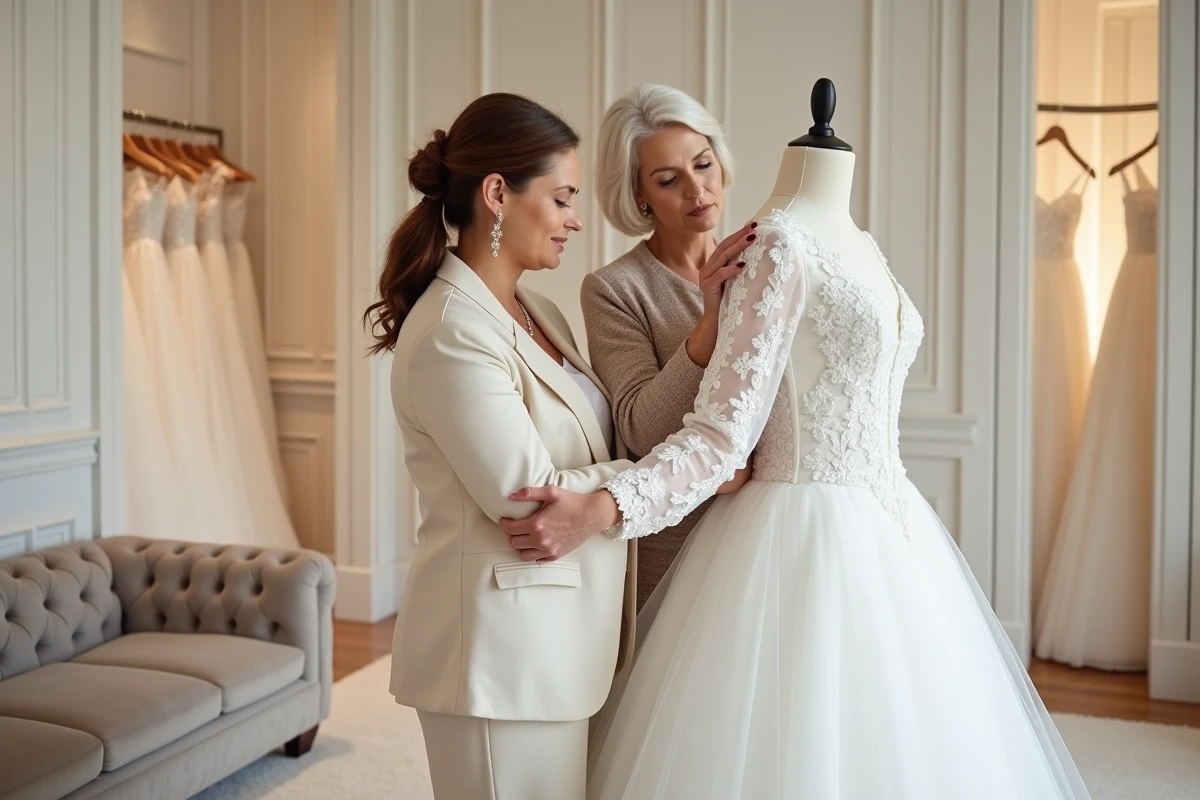 Deux femmes examinant une robe de mariée à manches dans une boutique de mariage pour un mariage religieux