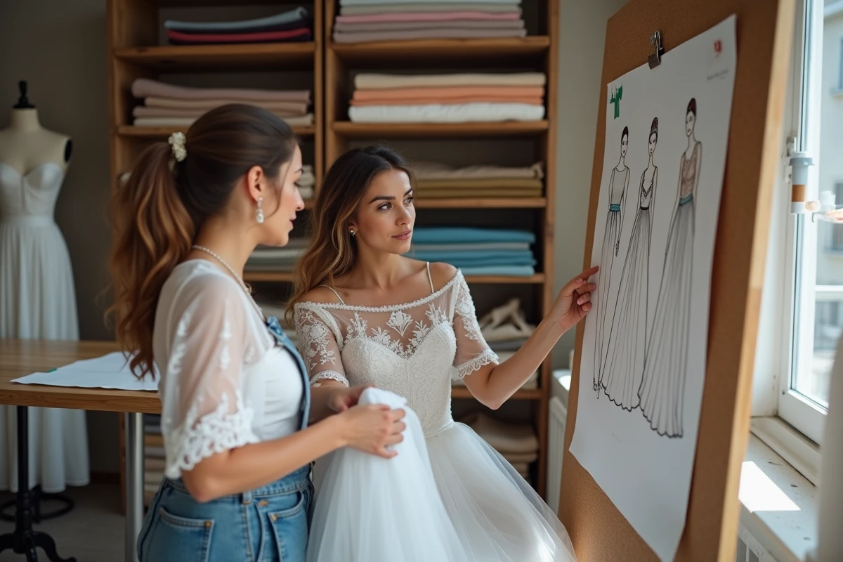 Future mariée gitane discutant avec une couturière et choisissant des tissus pour sa robe de mariage dans un atelier de couture