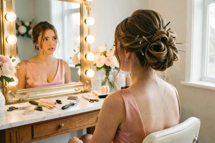 Demoiselle d'honneur avec une coiffure mal fixée devant un miroir de salon lors de la préparation du mariage
