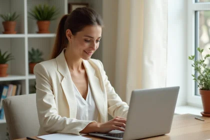 Femme consultant une collection de robes de mariée en ligne depuis son bureau à domicile, comparant les modèles sur un ordinateur portable