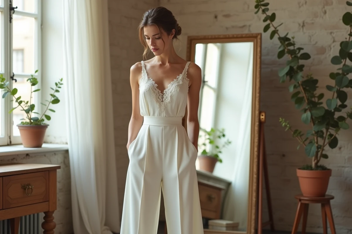 Femme portant une combinaison mariée blanche en dentelle dans un atelier parisien avec miroir vintage et détails couture