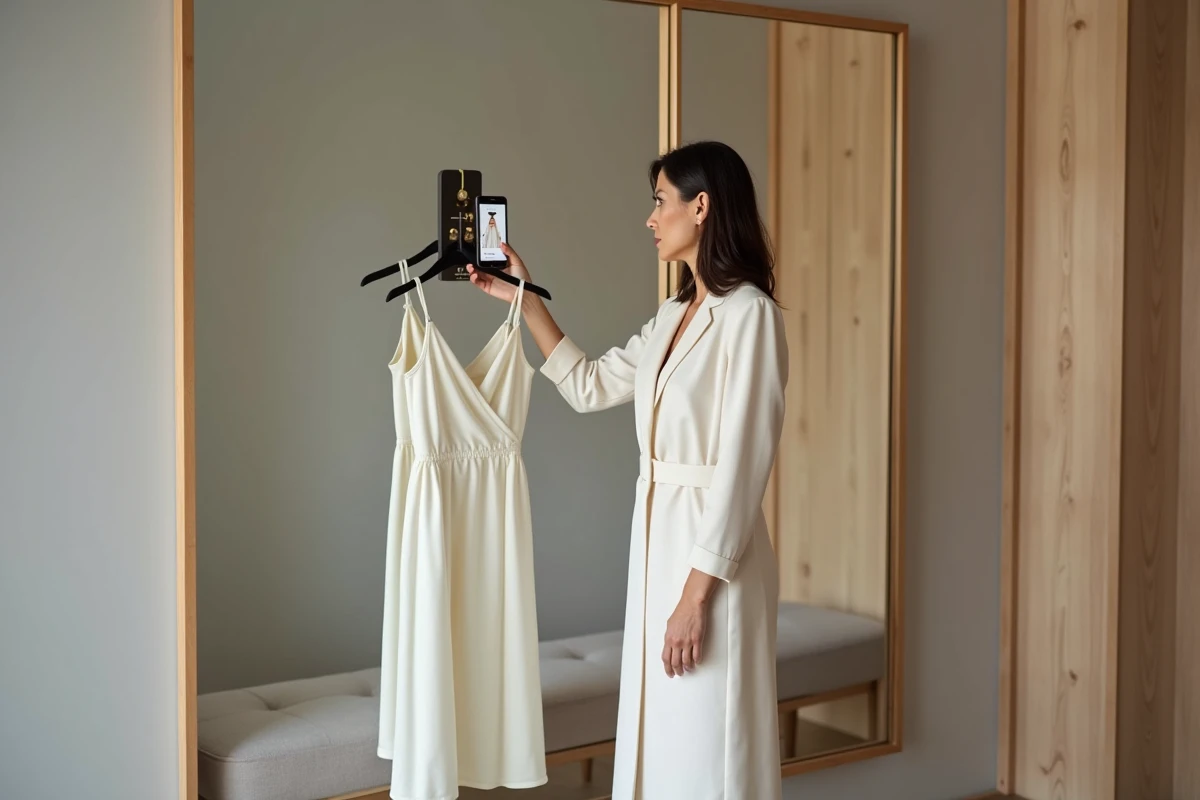 Femme en boutique comparant une robe de mariage civil avec une photo vue en ligne sur son smartphone, illustrant les risques des achats de collection mariage sur internet