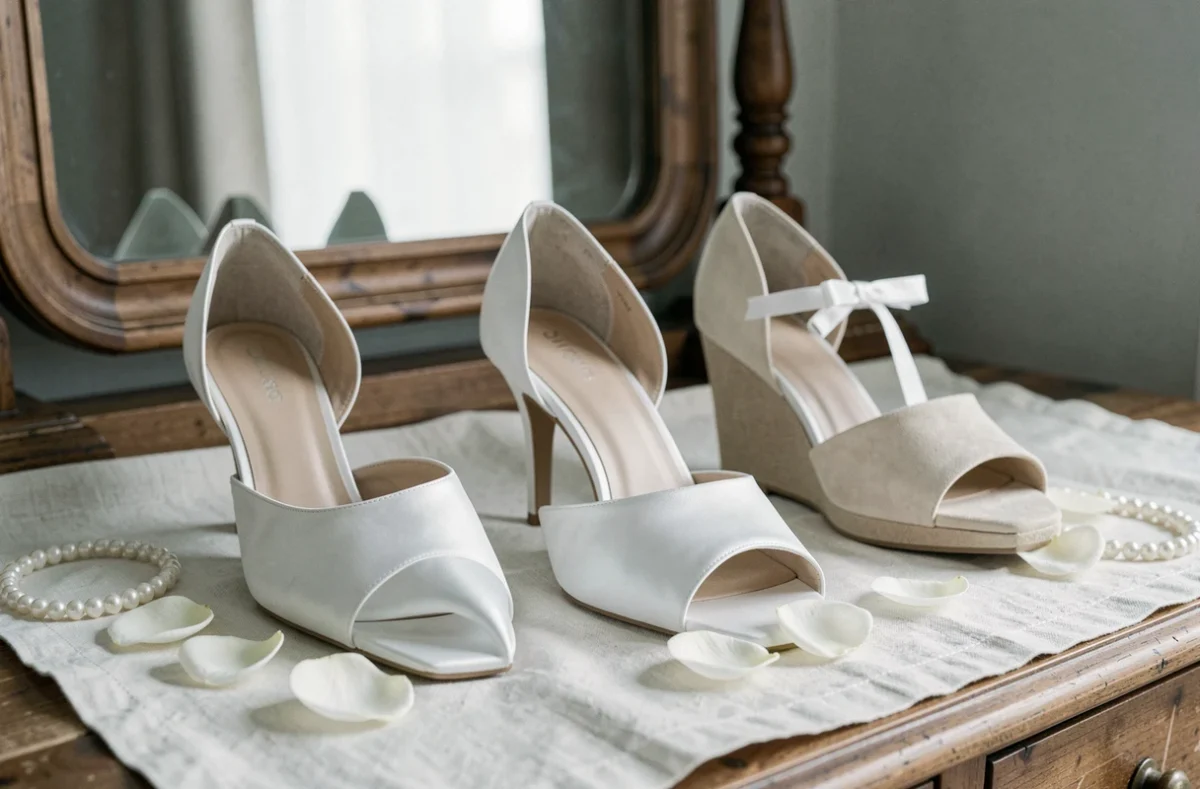 Comparatif de trois paires de chaussures de mariage blanches à différentes hauteurs de talon : chaton, milieu et compensé, posées sur une table en bois rustique