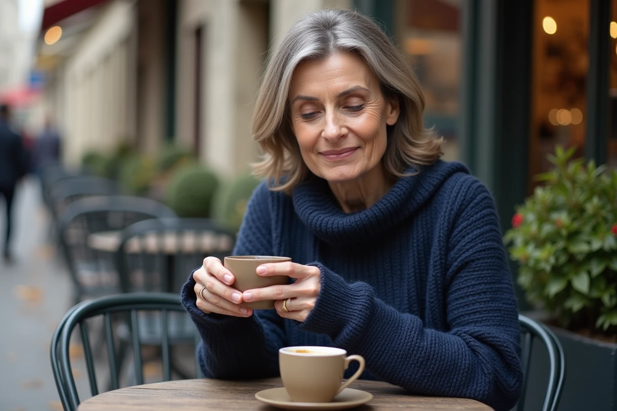 Femme assise en terrasse de café illustrant le quotidien discret d'une personnalité restée à l'écart des médias