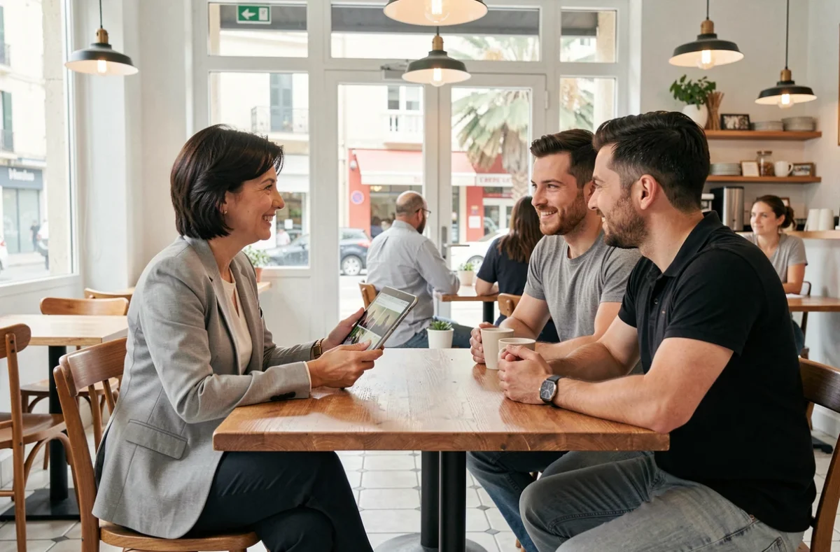 Photographe femme en réunion de consultation avec des clients dans un café à Istres