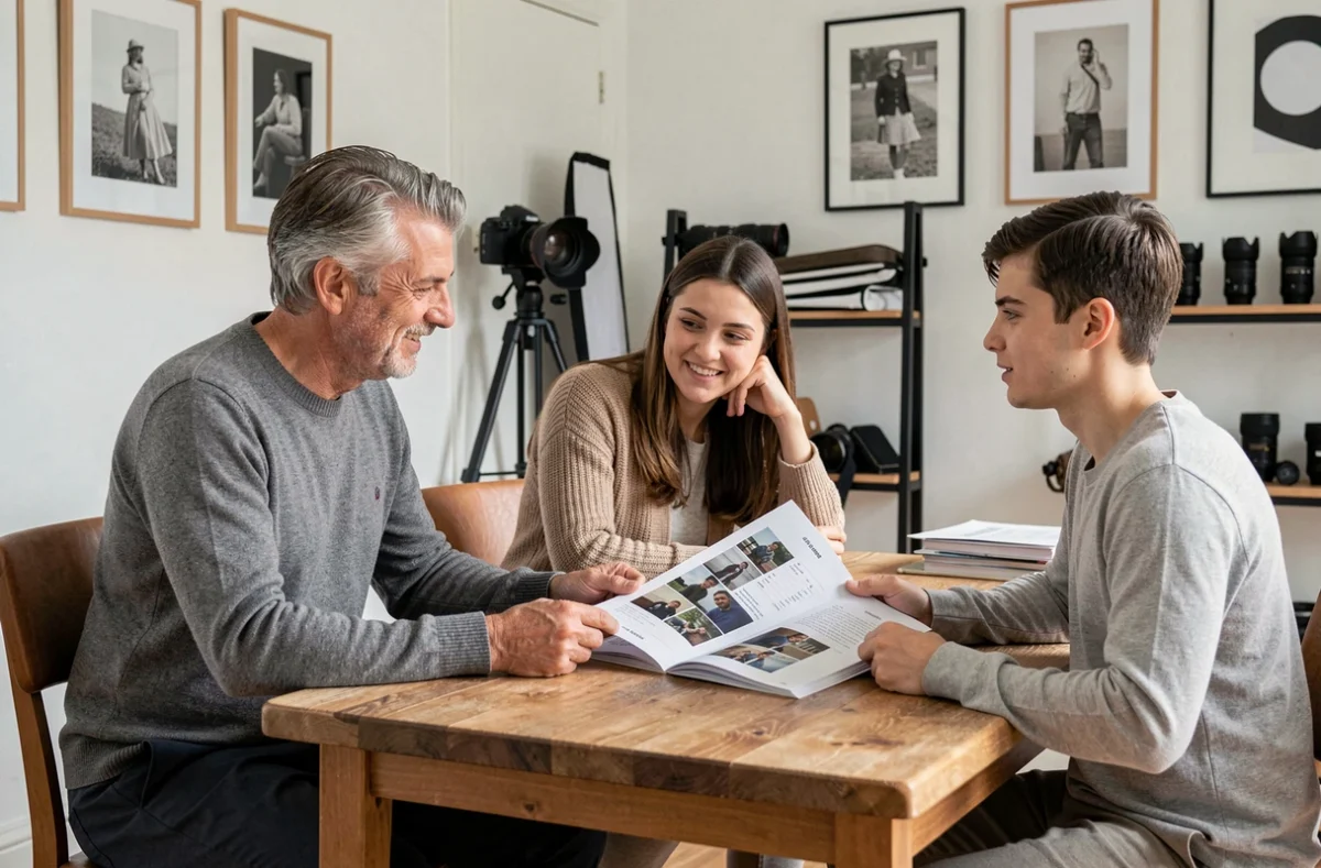 Photographe discutant de ses tarifs avec un couple dans son studio photo à Mâcon