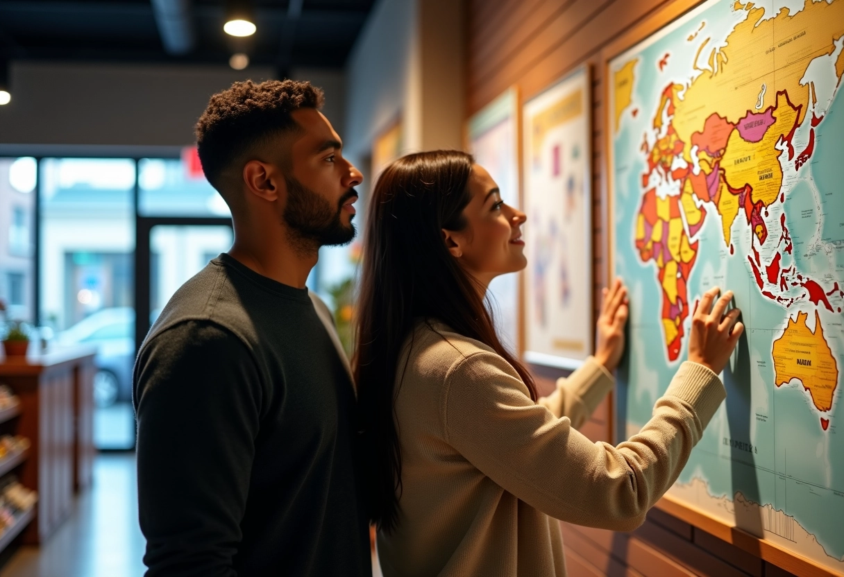 Couple regardant une carte dans une agence de voyage