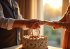 Couple agee echangeant des bagues de saphir lors d'un anniversaire