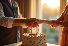 Couple agee echangeant des bagues de saphir lors d'un anniversaire