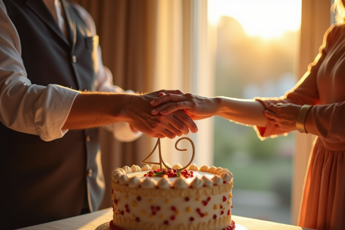 Couple agee echangeant des bagues de saphir lors d'un anniversaire