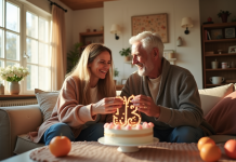 Couple souriant échangeant des cadeaux dans un salon décoré
