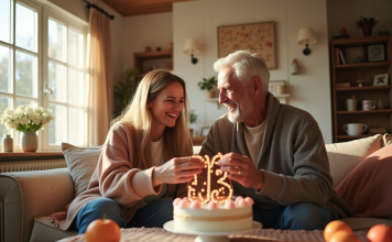 Couple souriant échangeant des cadeaux dans un salon décoré