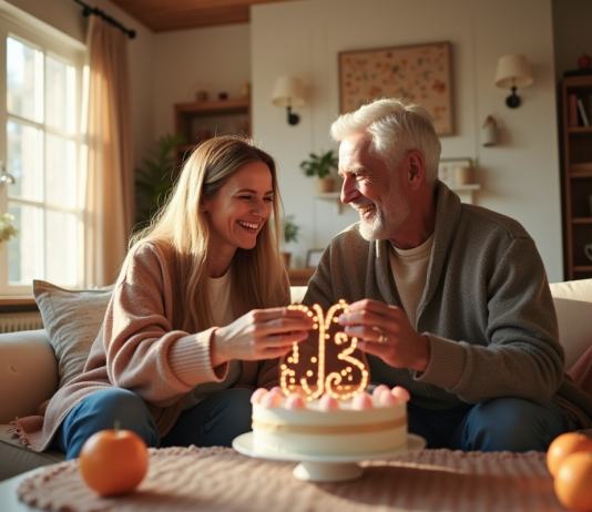 Couple souriant échangeant des cadeaux dans un salon décoré