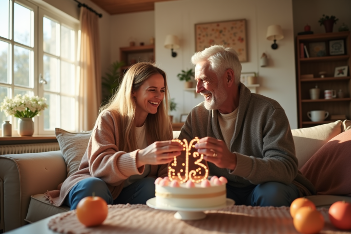 Couple souriant échangeant des cadeaux dans un salon décoré