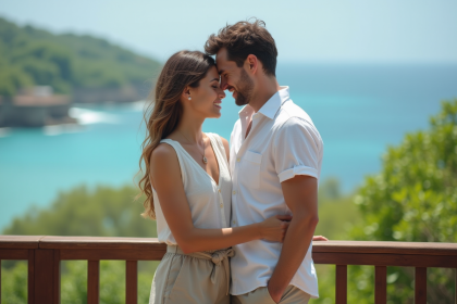Jeune couple en balcon avec vue sur la mer et la nature