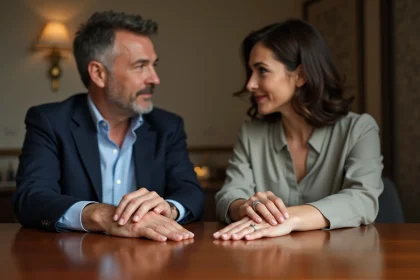 Couple élégant montrant leurs bagues lors d'un dîner intime