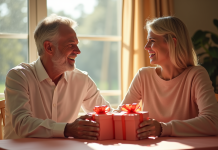 Couple mature échangeant des cadeaux coral thème