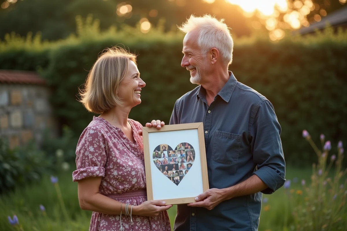 Couple tenant un cadre photo en forme de cœur dans un jardin pour célébrer 17 ans de mariage et leurs souvenirs communs