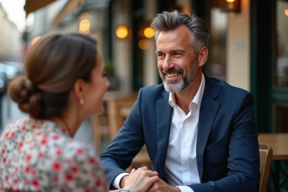 Couple souriant au café parisien en terrasse