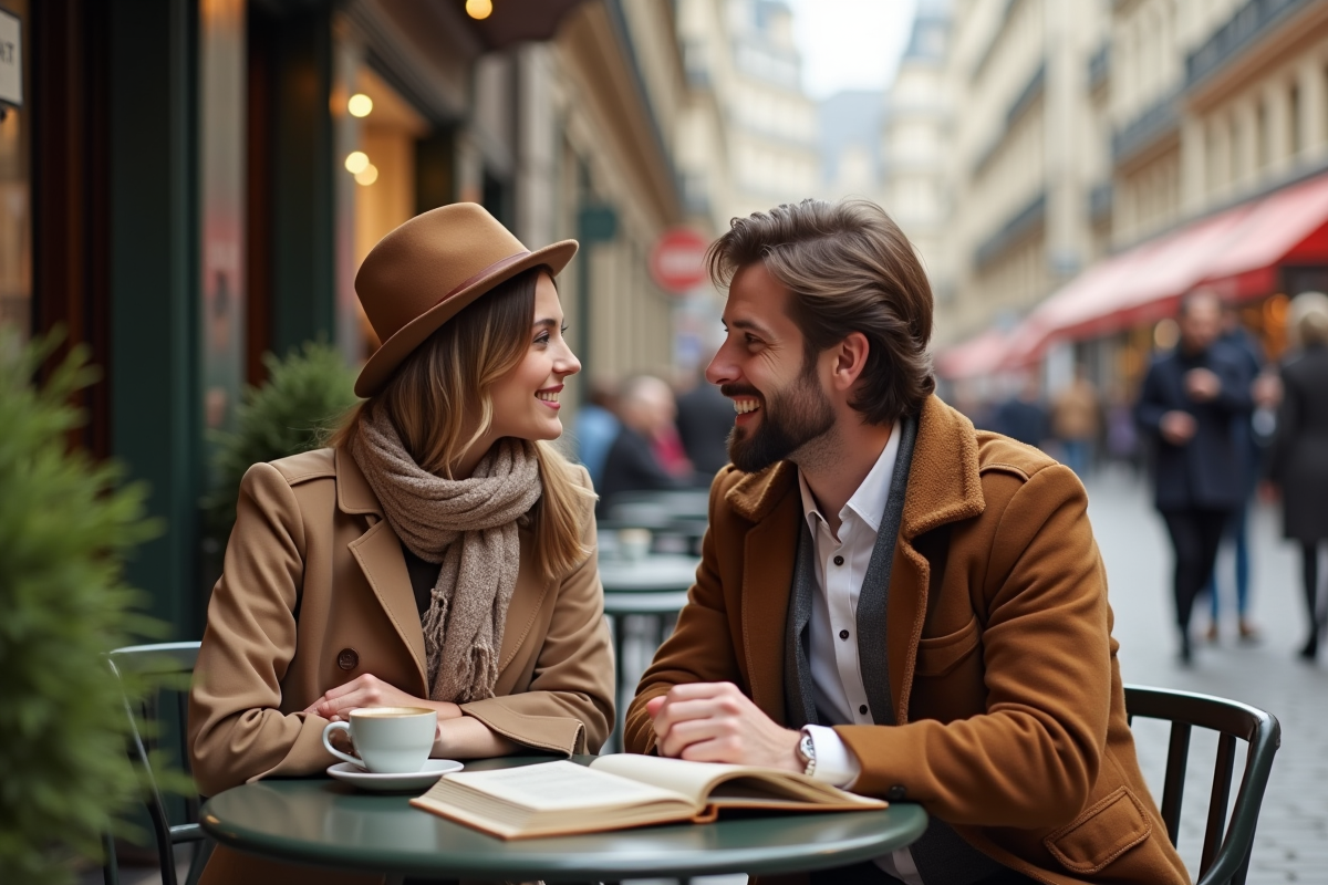 Jeune couple à un café parisien partage un moment intime