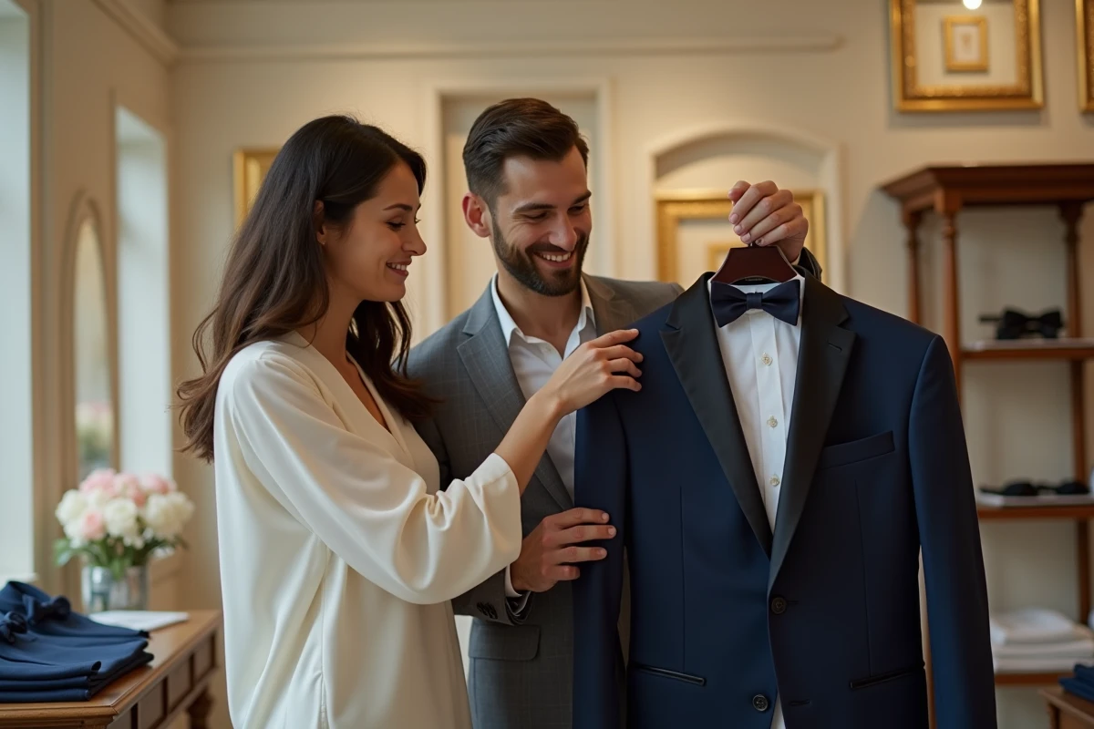 Couple choisissant ensemble des costumes de mariage dans un atelier parisien spécialisé en location