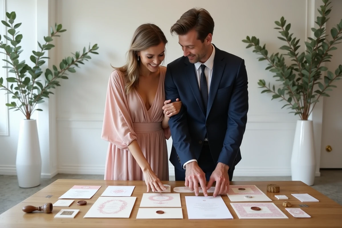 Couple de mariés choisissant leur suite de papeterie de mariage haut de gamme avec cartes de menu et cachets de cire dans un showroom élégant