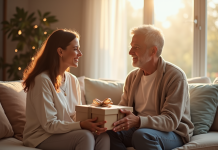 Couple souriant échangeant des cadeaux pour anniversaire