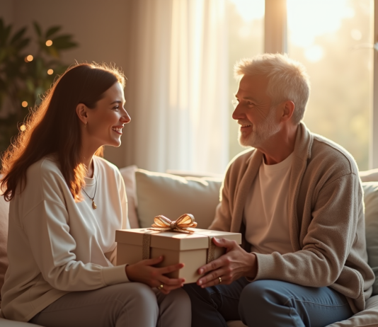 Couple souriant échangeant des cadeaux pour anniversaire