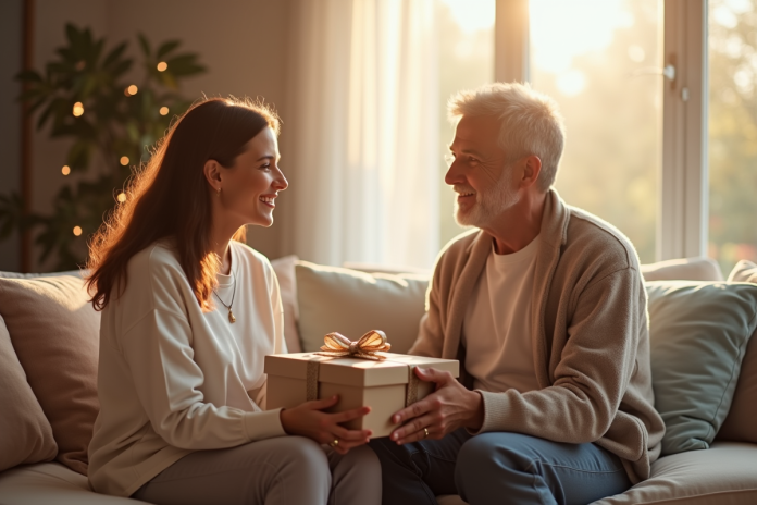 Couple souriant échangeant des cadeaux pour anniversaire