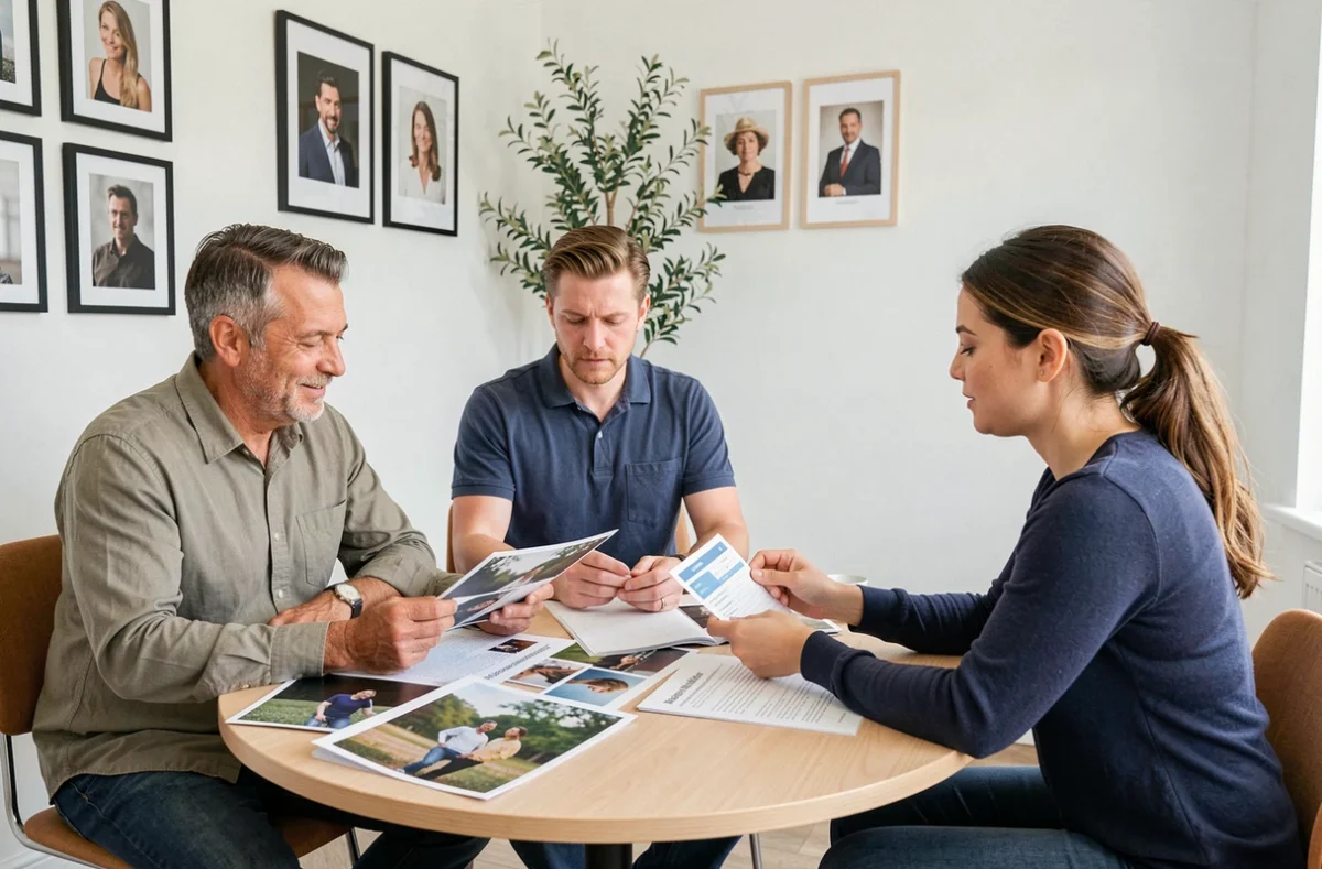 Un couple comparant des offres de photographe dans un studio professionnel de la région de Villefranche-sur-Saône