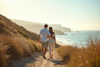 Jeune couple en bord de mer en promenade tranquille