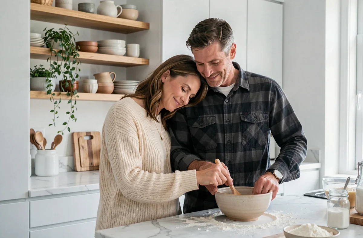 Couple complice en train de cuisiner ensemble dans une cuisine moderne, scène de vie quotidienne tendre et authentique