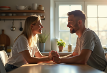 Couple souriant dans la cuisine lumineuse avec lumière naturelle