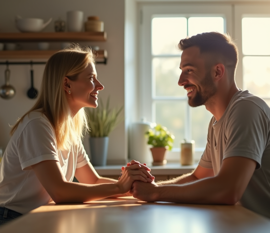 Trouver l’équilibre face aux défis des dix premières années de mariage Couple souriant dans la cuisine lumineuse avec lumière naturelle