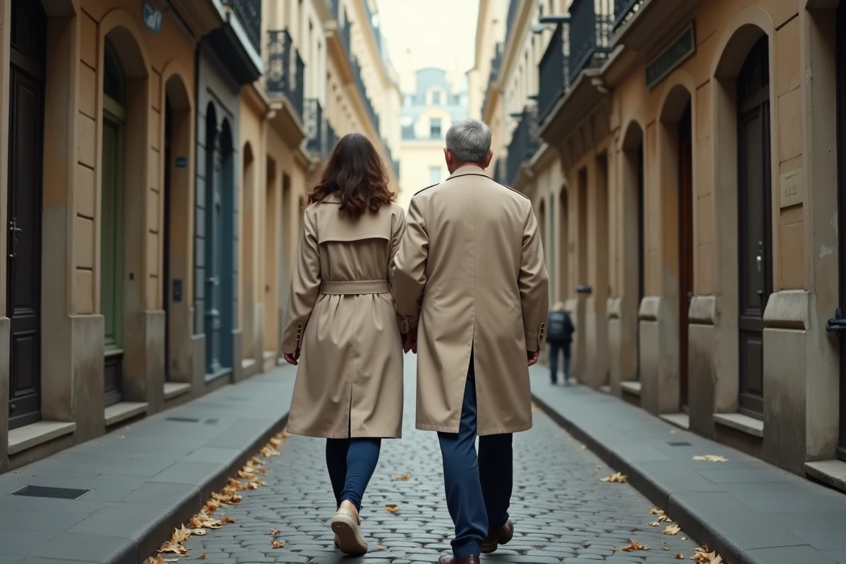 Couple se promenant dans une rue parisienne pavée, illustrant la protection de la vie privée du conjoint d'une personnalité publique