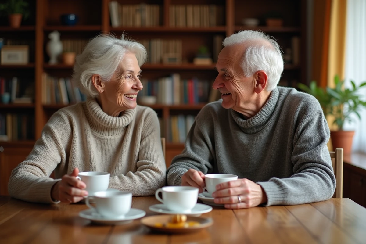 Couple âgé partageant un thé dans un salon chaleureux