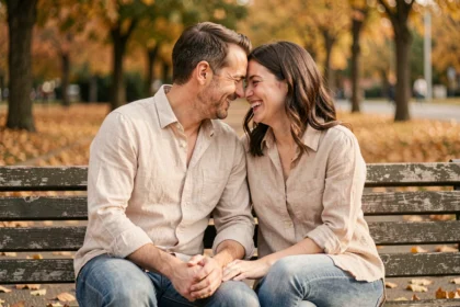 Couple complice assis sur un banc de parc en automne, partageant un moment de rire intime entourés de feuilles dorées