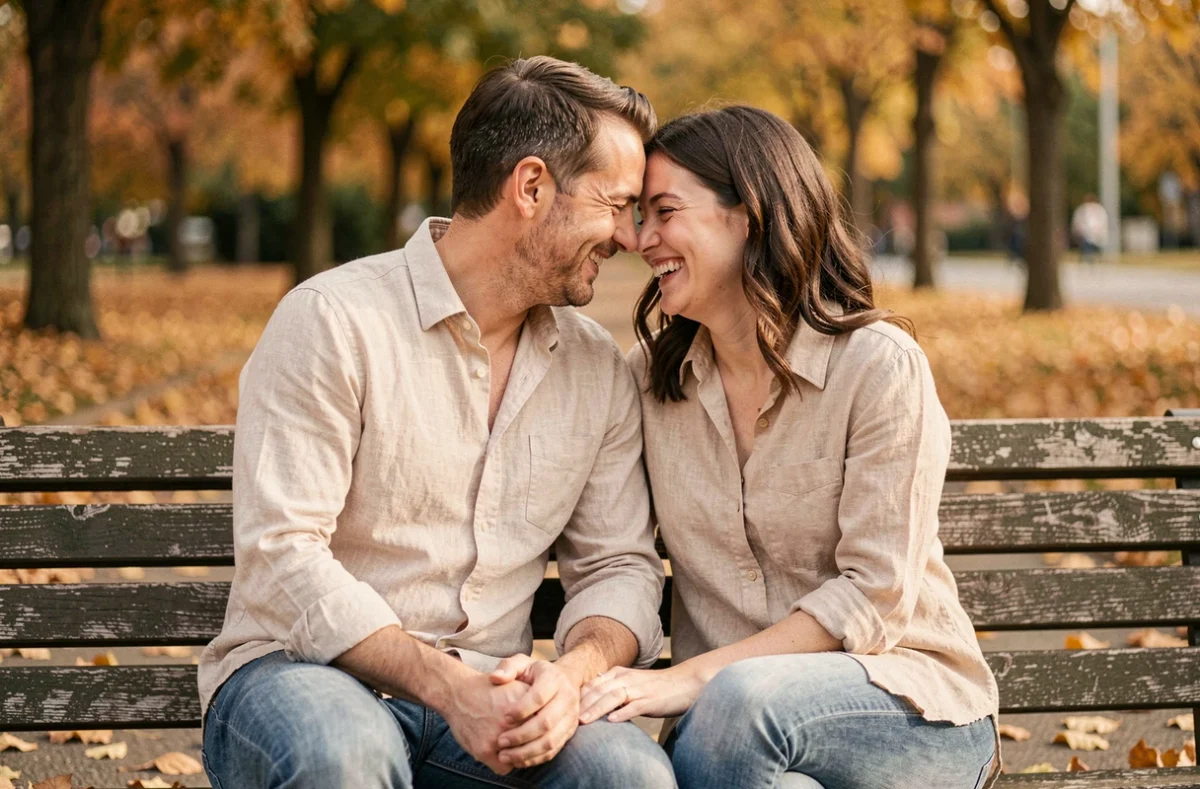 Couple complice assis sur un banc de parc en automne, partageant un moment de rire intime entourés de feuilles dorées