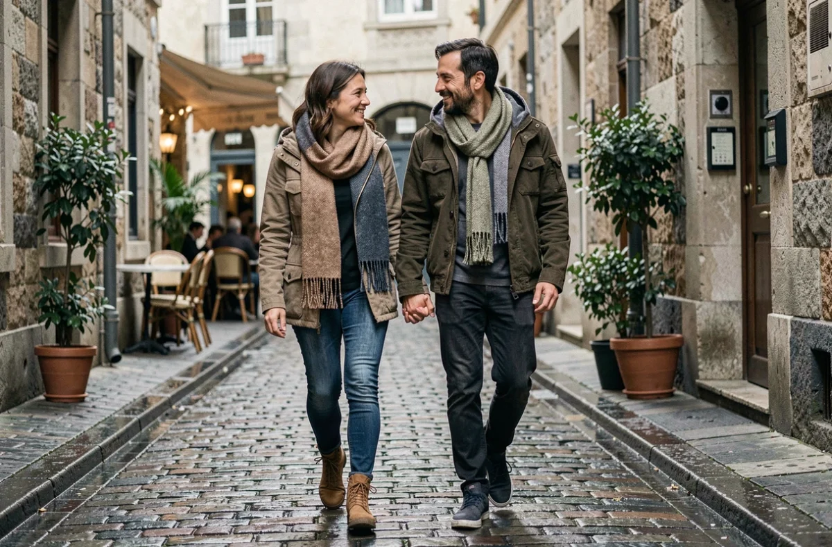 Couple main dans la main marchant dans une ruelle pavée urbaine sous une atmosphère automnale, regard complice et sourires naturels