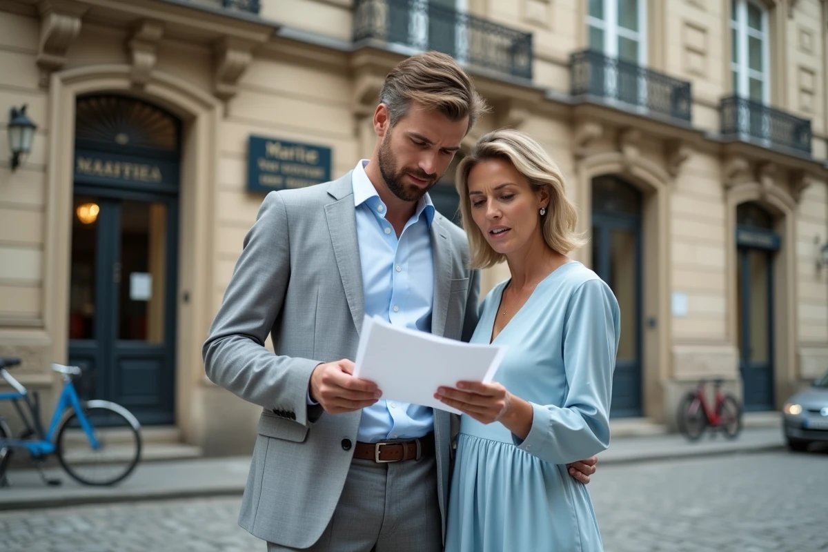 Couple consultant un document administratif devant une mairie française en pierre, représentant les démarches de transcription de mariage civil à Nantes