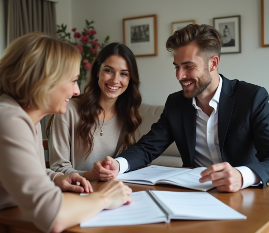 Jeune couple en tenue élégante planifiant leur mariage avec une femme âgée