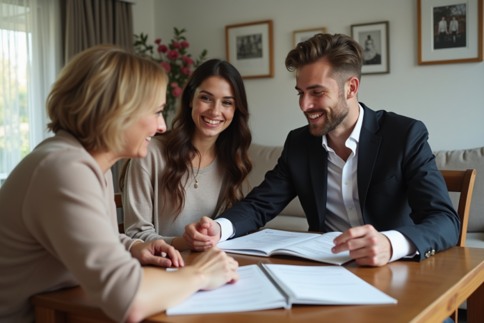 Jeune couple en tenue élégante planifiant leur mariage avec une femme âgée
