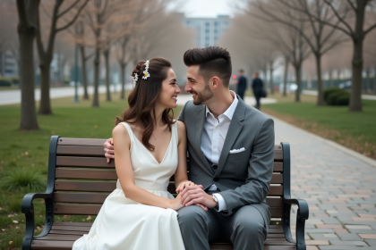 Jeune couple en mariage dans un parc urbain au printemps