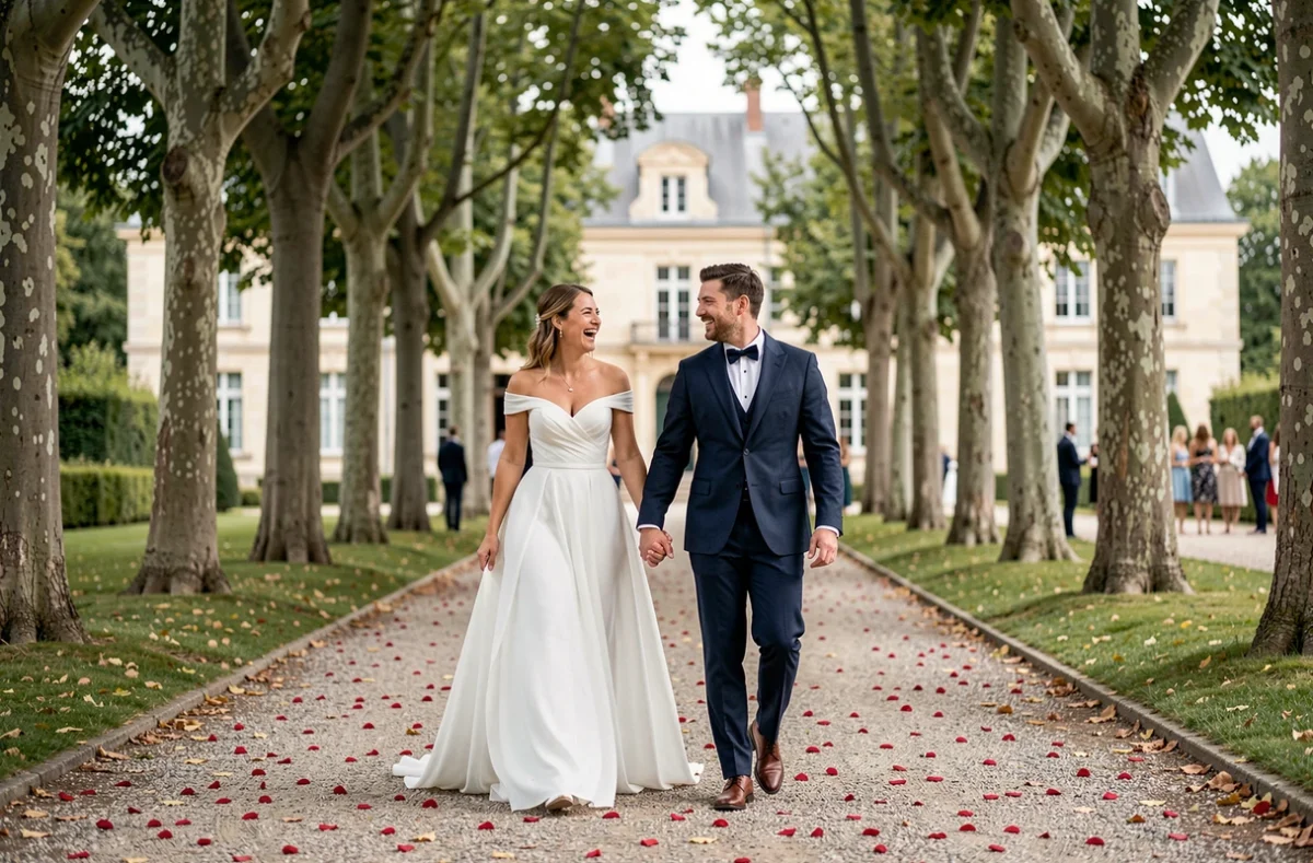 Couple de mariés marchant main dans la main sur une allée arborée devant un château français