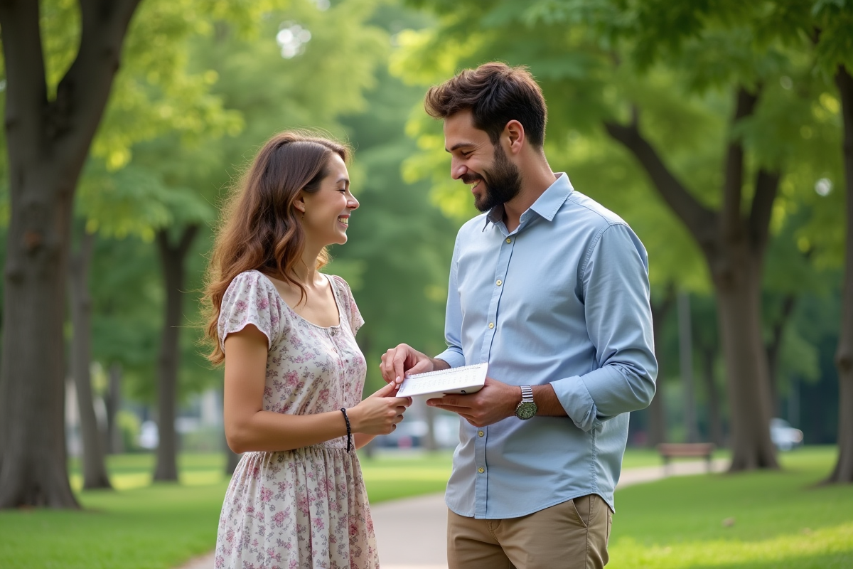 Couple dans un parc regardant un calendrier en souriant