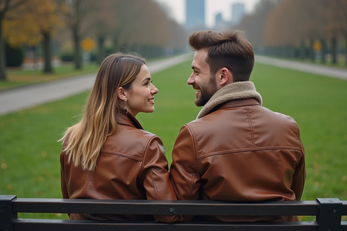 Couple assis sur un banc dans un parc en tenue casual