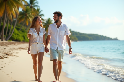 Jeune couple marche sur la plage tropicale ensoleillee