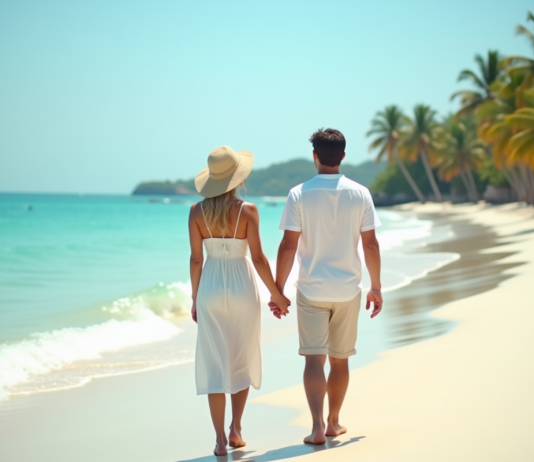 Meilleures destinations lune de miel : où partir pour un voyage romantique ? Jeune couple sur la plage de sable blanc au bord de l'océan turquoise