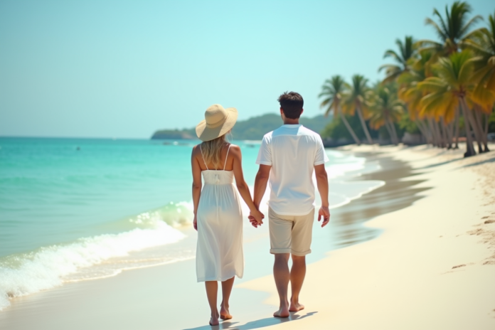 couple-plage-turquoise Jeune couple sur la plage de sable blanc au bord de l'océan turquoise