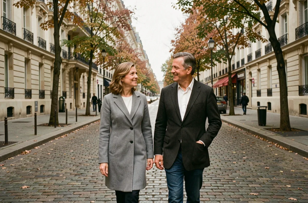 Couple élégant se promenant dans une rue parisienne en automne, illustration d'un article sur la vie personnelle et conjugale d'une personnalité publique